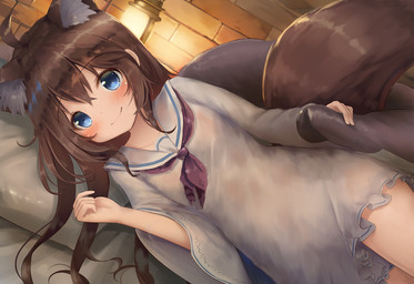blue_eyes blush brown_hair clothed clothing female hair human_and_animal_ears lamp lantern lying multi_ear nightgown on_side smile solo young pushuke animal_humanoid canid canid_humanoid canine canine_humanoid fox_humanoid humanoid mammal mammal_humanoid 2019