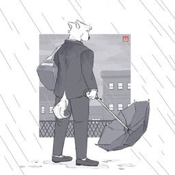 anthro bottomwear cheek_tuft clothing coat facial_tuft fluffy fluffy_tail footwear head_down head_tuft holding_object male pants pointy_ears raining rear_view sad shoes shoulder_bag snout solo tail topwear tuft umbrella wet wet_clothing w0lfi unnamed_character canid canine mammal 1:1 digital_drawing_(artwork) digital_media_(artwork) hi_res