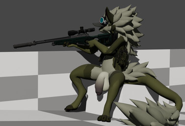anthro flaccid foreskin genitals gun handgun humanoid_genitalia humanoid_penis male penis ranged ranged_weapon rifle sitting sniper sniper_rifle solo weapon cadberry flage novabeast 3d_(artwork) digital_media_(artwork) hi_res