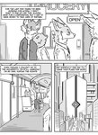 absurd_res ambiguous_gender anthro black_and_white building canid canine city cityscape clothed clothing comic domestic_ferret door english_text fox group hi_res inner_ear_fluff kif_yppreah kifyun2 male mammal metro monochrome mustelid musteline simple_background speech_bubble text true_musteline tuft weasel window