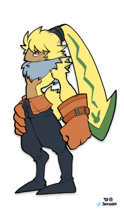 ambiguous_gender anthro bottomwear chibi clothing fur gloves hair handwear long_ears orange_eyes pants ponytail shirtless small_waist solo yellow_body yellow_fur jemsoon bandai_namco digimon digimon_ghost_game digimon_(species) lagomorph leporid mammal rabbit symbareangoramon absurd_res hi_res