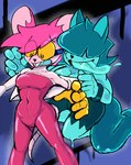 anthro armband big_ears blue_body blue_hair bodily_fluids bodysuit bottomwear breasts clothed clothing drooling duo eyewear female floating fur glasses gloves hair handwear hidden_eyes nervous open_mouth pink_body pink_hair pupils saliva sharp_teeth short_hair shorts skinsuit spiral_eyes tail teeth tight_clothing tongue tongue_out topwear yellow_pupils danhibiki_(artist) goommy_(goommymuffin) muffin_(goommymuffin) felid feline felis ghost mammal mouse murid murine rodent spirit hi_res tagme