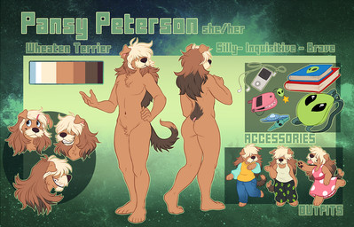 5_fingers anthro backpack blue_eyes book brown_body brown_fur butt clothing crotch_tuft electronics female fingers flat_chested fur hair hair_over_eyes navel nude portable_music_player smile solo standing tan_body tan_fur tongue tongue_out tuft hoot_(artist) apple_inc. ipod pansy_peterson canid canine canis domestic_dog mammal 2019 digital_media_(artwork) model_sheet