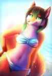 anthro bikini breasts brown_hair clothing eyebrows eyelashes female fur gloves_(marking) green_eyes green_hair hair hand_on_hip markings midriff multicolored_hair navel orange_body orange_fur pink_nose smile solo swimwear two-piece_swimsuit two_tone_hair neotheta socks-the-fox canid canine fox mammal 2013 hi_res