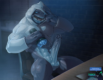 3_fingers balls big_penis bodily_fluids bottomless clothed clothing embarrassed erection fingers genital_fluids genitals glans huge_penis humanoid_genitalia humanoid_penis looking_at_viewer male muscular muscular_male penetrable_sex_toy penis precum sex_toy sitting solo walk-in todex disney lilo_and_stitch gantu alien hi_res