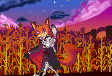 anthro barefoot black_tie_(suit) cape clothing cornfield costume duo fangs feet female holidays looking_back looking_up male outside predator/prey purple_eyes size_difference smile suit teeth quirky-middle-child disney halloween zootopia judy_hopps nick_wilde canid canine fox lagomorph leporid mammal mummy rabbit red_fox true_fox undead vampire 2016 hi_res