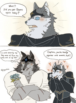 anthro armor black_body black_fur blush blush_lines clothed clothing dialogue duo facial_scar flower fur grey_body grey_fur heart_symbol kemono knight knight_armor male male/male medieval_armor melee_weapon military multicolored_body multicolored_fur no_pupils plant pointy_ears scar shirt soldier speech_bubble sword tail text thought_bubble topwear two_tone_body two_tone_fur warrior weapon white_body white_fur pegu2726 canid canine canis mammal wolf 2026 absurd_res comic english_text hi_res