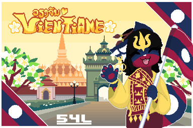 anthro blue_body blue_fur city clothing crown female flag flagpole flower fur headgear laos pathway paws plant red_body red_clothing red_fur sash solo temple tree vientiane_(city) yellow_clothing sylvewon canid canine mammal raccoon_dog 2026 3:2 digital_media_(artwork)