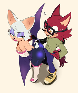 anthro bare_shoulders bat_wings bedroom_eyes big_breasts big_butt big_ears black_nose blue_eyeshadow bodysuit boots bottomwear breasts bulge butt cleavage clothed clothing duo erection erection_under_clothing eyebrows eyelashes eyeshadow eyewear female footwear fully_clothed furgonomics glasses green_eyes grinding grinding_on_penis hair hoodie legwear lipstick looking_at_another looking_at_butt looking_at_partner makeup male male/female membrane_(anatomy) membranous_wings motion_lines narrowed_eyes open_mouth open_smile pants pink_lipstick raised_eyebrow red_hair seductive shoes short_hair short_tail simple_background skinsuit smile standing tail teeth thigh_boots thigh_highs tight_clothing topwear wearing_glasses white_background white_hair wings nagainosfw sega sonic_the_hedgehog_(series) gadget_the_wolf rouge_the_bat bat canid canine canis mammal wolf 2026 hi_res