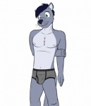 5_fingers anthro blush briefs clothed clothing fangs fingers front_view fur green_eyes grey_body grey_fur hair hand_behind_back holding_arm male nipples pose short_hair simple_background skimpy smile solo teeth toony topless underwear whiskers white_background fuze raul_(fuze) mammal mustelid otter