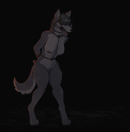 anthro bdsm black_background blindfold bondage bound breasts digitigrade female fur gag grey_body grey_fur medium_breasts nude open_mouth simple_background solo standing garbagegarage canid canine canis mammal wolf hi_res