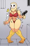 anthro beak bird_legs black_sclera blush bra brown_body brown_fur clothing embarrassed exposure_variation female fur gun panties ranged_weapon red_clothing red_underwear solo surprise thick_thighs torn_clothing underwear weapon hairocroto hairoelcroto 4chan save_the_princess owl_criminal avian bird humanoid owl hi_res