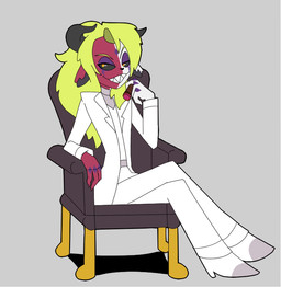 anthro biped black_sclera blonde_hair bottomwear chair cigar clothed clothing eyebrows female footwear front_view furniture hair holding_cigar holding_object jacket long_hair looking_at_viewer multicolored_body on_chair pants red_body shirt simple_background sitting sitting_on_chair solo suit topwear two_tone_body white_body white_bottomwear white_clothing white_footwear white_jacket white_pants white_shirt white_suit white_topwear nanuna ambiguous_species 2026