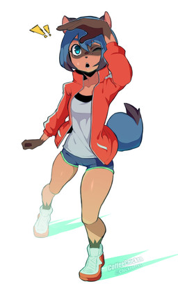 5_fingers anthro blue_eyes blue_hair bottomwear clothed clothing dipstick_tail exclamation_point facial_markings female fingers footwear fully_clothed hair head_markings jacket markings mask_(marking) multicolored_hair multicolored_tail one_eye_closed plantigrade shirt shoes shorts simple_background solo tail tail_markings text topwear two_tone_hair white_background coffeechicken brand_new_animal studio_trigger michiru_kagemori canid canine mammal raccoon_dog tanuki 2020 artist_name colored digital_media_(artwork) hi_res shaded