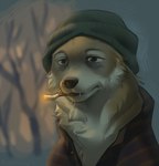 beanie black_nose blurred_background brown_eyes cigarette clothed clothing fur half-closed_eyes hat headgear headwear narrowed_eyes plant smoking solo text tree yellow_body yellow_fur hioshiru canid canine canis domestic_dog mammal 2023 artist_name