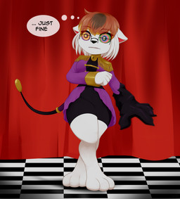 anthro bell black_clothing blonde_hair_tips brown_hair checkered checkered_floor circus clothing creepy creepy_face curtains eyebrows eyewear female fur glasses gold_accessory hair hypnotic_eyes jingle_bell mid_transformation mouth_closed multicolored_eyes multicolored_hair nervous orange_eyebrows orange_hair purple_clothing rectangular_glasses red_curtains scary solo transformation weird_eyes whip white_body white_ears white_fur white_hair mentalcrash glitch_productions the_amazing_digital_circus abstraction_(tadc) felid lion mammal pantherine absurd_res hi_res