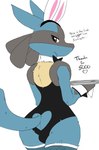 anthro biped blue_body blue_fur bow_tie bulge bulge_from_behind bunny_costume clothing costume embarrassed fake_ears fake_rabbit_ears fur furgonomics male male_anthro platter simple_background solo tail celescario nintendo pokemon generation_4_pokemon lucario pokemon_(species) hi_res