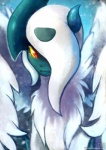 ambiguous_gender chest_tuft fur hair looking_at_viewer neck_tuft red_eyes solo tuft white_body white_fur wings haychel nintendo pokemon generation_6_pokemon mega_absol mega_evolution pokemon_(species) 2013 digital_media_(artwork)