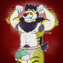 anthro armpit_fetish armpit_hair armpit_tuft balls bodily_fluids body_hair brainwashing chest_hair clothed clothing cross-eyed drooling flexing flexing_bicep genital_fluids genitals humanoid_genitalia hypnosis intelligence_loss jockstrap jockstrap_only male mind_control muscular muscular_male musk nipples pecs penis penis_poking_out precum ringed_eyes saliva simple_background smile solo spiral submissive submissive_male text tongue tongue_out topless underwear underwear_only floofyblitz hyena mammal striped_hyena 1:1 english_text hi_res