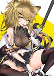 accessory black_nails blonde_hair blush bottomwear breasts candy clothing colored_nails dessert female fishnet_clothing food gloves hair hair_accessory hairclip handwear jacket legwear lollipop looking_at_viewer nails navel skirt smile solo spread_legs spreading stockings streetwear techwear tongue tongue_out topwear kakeru arknights hypergryph studio_montagne siege_(arknights) animal_humanoid felid felid_humanoid humanoid mammal mammal_humanoid 2020 hi_res