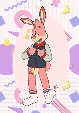 anthro balls blush bottomless bottomless_male clothed clothing erection footwear fur genitals looking_at_viewer male nude one_eye_closed partial_nudity partially_clothed penis pink_body pink_fur presenting shy socks solo tail tail_motion tailwag uniform uniformed_male wink winking_at_viewer manchotchaud nintendo nintendo_badge_arcade arcade_bunny lagomorph leporid mammal rabbit hi_res
