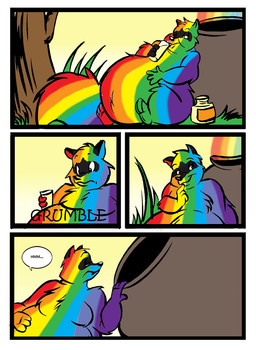 anthro beverage cauldron fur grass lemonade male multicolored_body multicolored_fur nude_anthro nude_male overweight overweight_anthro overweight_male palm_tree plant rainbow_body rainbow_fur solo speech_bubble text tree weight_gain dutch_(artist) mammal procyonid raccoon 2011 colored comic english_text