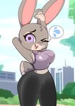 anthro big_breasts bodily_fluids bottomwear bra breasts buckteeth clothing female hand_behind_head hand_over_head looking_at_viewer one_eye_closed outside pants solo sports_bra sweat teeth thick_thighs underwear wide_hipped_female wide_hips workout_clothing yoga_pants onibi disney zootopia judy_hopps european_rabbit lagomorph leporid mammal oryctolagus rabbit 2024 absurd_res hi_res