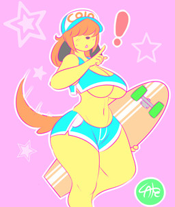 anthro baseball_cap big_breasts blush blush_lines bodily_fluids breasts cleavage clothed clothed_anthro clothed_female clothing exclamation_point female fur hair hair_over_eyes hat headgear headwear midriff navel obscured_eyes open_mouth skateboard skimpy solo sweat sweatdrop tail tail_motion tailwag thick_thighs under_boob vehicle wide_hips yellow_body yellow_fur theycallhimcake sam_kensington canid canine canis domestic_dog mammal 2014 2d_animation animated digital_media_(artwork) english_description frame_by_frame hi_res loop portrait signature three-quarter_portrait