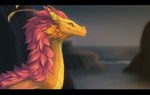 ambiguous_gender black_body black_fur day detailed_background feral fur hair orange_body orange_fur outside pink_hair sky smile solo silvyr mythology ember_(snowviper) dragon furred_dragon furred_scalie mythological_creature mythological_scalie scalie 2022 digital_media_(artwork)