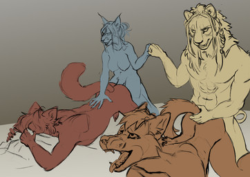 ahegao anthro anthro_on_anthro anthro_penetrated anthro_penetrating anthro_penetrating_anthro bed covering covering_face female female_anthro fist_bump furniture gesture group group_sex hair holding_tail intersex intersex/male intersex_penetrating intersex_penetrating_male long_hair long_tail looking_pleasured male male/female male/male male_anthro male_penetrated muscular muscular_anthro muscular_male on_bed partner_swap penetration sex tail canid canine felid feline fox lynx mammal absurd_res hi_res