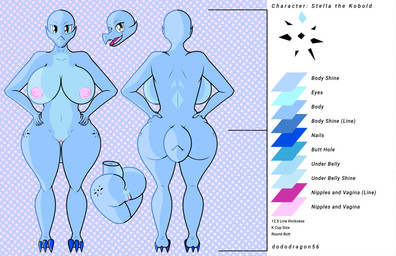 anthro anus big_breasts big_butt blue_body blue_eyes breasts butt claws dotted_background feet female front_view genitals looking_at_viewer nipples non-mammal_breasts non-mammal_nipples nude pattern_background raised_tail rear_view simple_background smile solo symbol tail text vulva dododragon56 stella_(dododragon56) kobold reptile scalie absurd_res english_text hi_res model_sheet