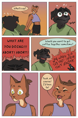 anthro blush bodily_fluids bottomwear clothing crop_top dialogue duo hair inner_monologue male navel outside shirt shorts stretching surprised sweat sweat_stain t-shirt thinking tied_hair topwear demilittleguy dave_(demilittleguy) james_(demilittleguy) canid canine canis domestic_cat domestic_dog felid feline felis mammal comic hi_res