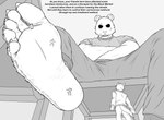 5_toes anthro claws dialogue extreme_size_difference feet foot_fetish foot_focus foot_play group humanoid_feet low-angle_view male male/male micro plantigrade size_difference soles stuck_to_foot text toe_claws toes smellslikejavier beastars gouhin_(beastars) digital_media_(artwork) english_text hi_res monochrome