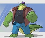 anthro bottomwear clothing countershading green_body hat headgear headwear male musclegut muscular muscular_male pants shirt simple_background solo topwear bowsarthekoopa brok_the_investigator cowcat_games brok_(brok_the_investigator) alligator alligatorid crocodilian reptile scalie 2022 hi_res