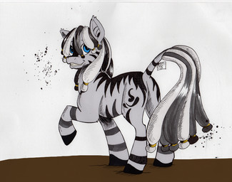 accessory blue_eyes cutie_mark dreadlocks feral grey_body hair_accessory hair_tie hooves male smile solo standing stripes ellisarts gyrotech hasbro my_little_pony ruzeth equid equine mammal zebra hi_res