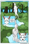 ambiguous_gender anthro big_breasts bodily_fluids breasts casual_nudity dizzy female forest fur genitals heart_eyes heart_symbol nature nude outside plant pussy shrub solo sweat text tree white_body white_fur softcore_works lagomorph leporid mammal rabbit blur_(disambiguation) comic