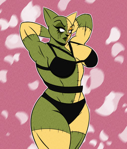 abstract_background anthro arms_bent bare_shoulders big_breasts big_ears big_eyes biped black_bra black_clothing black_eyebrows black_nose black_panties black_underwear bra breasts clothed clothed_anthro clothed_female clothing crotch_tuft curved_eyebrows dark_markings eye_markings eyebrows eyelashes female fur fur_tuft glistening glistening_eyes glistening_lips green_body green_breasts green_ears green_fur green_markings hands_behind_head heterochromatic_ears heterochromia iris legs_together light_body light_fur light_markings lips long_eyelashes looking_aside markings multicolored_body multicolored_fur multicolored_lips muscular muscular_anthro muscular_arms muscular_female no_pupils orange_markings outline panties pink_tongue pointy_ears pose prick_ears simple_background snout solo standing stitch_(sewing) textured_background thick_lips thick_thighs three-quarter_view tongue tuft two_tone_body two_tone_fur two_tone_lips underwear white_outline white_sclera wide_hipped_anthro wide_hipped_female wide_hips yellow_body yellow_breasts yellow_ears yellow_fur jpbravart pink_among_blood_red_roses nephele_vetti domestic_cat felid feline felis mammal 2026 absurd_res digital_drawing_(artwork) digital_media_(artwork) hi_res portrait three-quarter_portrait