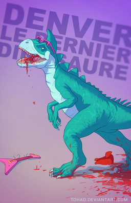 ambiguous_gender blood bodily_fluids electric_guitar eyewear glasses guitar musical_instrument plucked_string_instrument solo string_instrument text tohad denver_the_last_dinosaur denver corythosaurus dinosaur hadrosaurid ornithischian ornithopod prehistoric_species reptile scalie french_text watermark