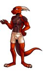 absurd_res anthro boxers_(clothing) claws clothing dragon effarreturns european_mythology hand_on_hip hi_res horn male mythological_creature mythological_scalie mythology pawpads red_dragon scalie scar simple_background solo tail underwear western_dragon white_background xaldin