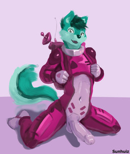 anthro backpack balls big_penis biped black_nose bodysuit bulge cheek_tuft clothed clothing condom_suit detailed_bulge erection eyebrows facial_tuft femboy fluffy fluffy_tail front_view fur genital_outline genitals glans glistening glistening_clothing green_body green_fur green_hair green_tail grey_eyes hair humanoid_genitalia humanoid_penis ineffective_clothing kneeling looking_aside looking_at_viewer male navel open_mouth open_smile penis penis_conforming penis_outline pink_background pink_clothing pink_tongue red_clothing science_fiction shadow short_hair simple_background skinsuit slim smile solo tail teeth tight_clothing tongue tuft urethra sunhuiz canid canine canis domestic_dog mammal absurd_res hi_res