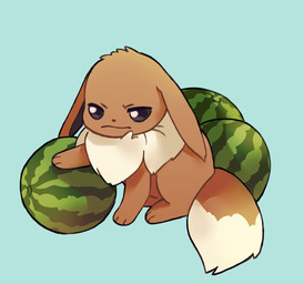 3_toes ambiguous_gender angry blue_background brown_body brown_fur chest_tuft dipstick_tail feet feral food frown fruit fur markings melon plant simple_background sitting solo tail tail_markings tan_body tan_fur toes tuft watermelon mjoyart nintendo pokemon eevee generation_1_pokemon mammal pokemon_(species) digital_media_(artwork)