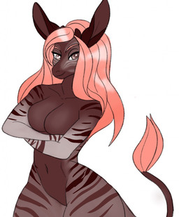 anthro biped breasts brown_body brown_eyes brown_fur brown_stripes brown_tail crossed_arms eyebrows eyelashes featureless_breasts featureless_crotch female fur hair horn long_hair looking_at_viewer multicolored_body multicolored_fur nude ossicone pink_eyebrows pink_hair simple_background smile solo striped_body striped_fur stripes tail tail_tuft tuft white_background white_body white_fur wide_hips luntari_(artist) luntari giraffid mammal okapi