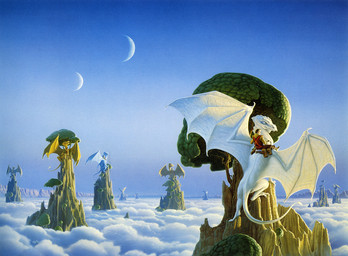ambiguous_gender anthro cloud feral group male membrane_(anatomy) membranous_wings moon mountain outside plant riding sky straddling tail tree wings michael_whelan mythology pern jaxom_(pern) ruth_(pern) dragon human mammal mythological_creature mythological_scalie scalie 1990 hi_res official_art