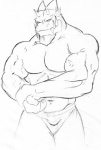 abs anthro biceps biped fangs horn looking_at_viewer male muscular muscular_anthro muscular_male pecs pose solo standing teeth timberwolfmax mythology steven_(timberwolfmax) dragon mythological_creature mythological_scalie scalie black_and_white monochrome pinup sketch