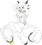 anthro biped breasts caprica clothing corset ear_piercing female hi_res hooves horn line_art lingerie looking_at_viewer markings multi_tail niis nipples piercing pinup pose purple_eyes raised_arm simple_background sitting solo tail topwear