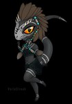 anthro beads bodypaint chibi dark_body face_paint feather_hair feathers female horn looking_at_viewer on_one_leg pseudo_hair raised_tail simple_background solo standing tail varlastreak microsoft the_elder_scrolls situth argonian horned_humanoid humanoid scalie