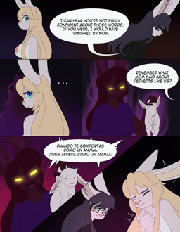 anthro blonde_hair blue_eyes breasts dialogue female fur group hair male nipples nude nude_anthro nude_female speech_bubble text trio white_body white_fur apinkgrape glamor_to_bare stephan_(neko-eclipse17) stephanie_(neko-eclipse17) lagomorph leporid mammal rabbit absurd_res comic english_text hi_res spanish_text translated genderfluid_(lore) gynomorph_(lore) trans_(lore) trans_woman_(lore)