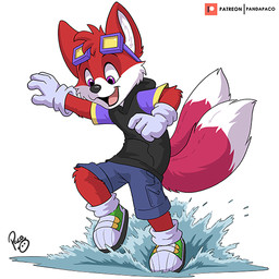 2_tails anthro blue_bottomwear blue_clothing blue_shorts bottomwear clothed clothing dipstick_tail eyewear footwear fur gloves goggles handwear happy head_tuft jumping logo male markings multi_tail open_mouth open_smile patreon_logo pink_eyes playful puddle purple_eyewear purple_goggles red_body red_fur shoes short_sleeve_hoodie shorts simple_background smile solo splash tail tail_markings tuft water white_background white_body white_clothing white_fur white_gloves white_handwear young young_anthro young_male pandapaco patreon canid canine fox mammal 1:1 artist_logo signature