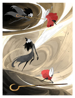 ambiguous_gender ambiguous_humanoid anthro biped black_body black_eyes black_hair cape cloak clothing death defeated detailed_background duo empty_eyes female female_anthro fight grey_body hair holding_melee_weapon holding_object holding_sword holding_weapon hornet's_needle mask melee_weapon mouthless red_cloak red_clothing slashing sword weapon wearing_mask white_body wounded darkdog hollow_knight:_silksong hollow_knight_(franchise) team_cherry hornet_(hollow_knight) phantom_(hollow_knight:_silksong) arthropod humanoid 2025 absurd_res comic digital_drawing_(artwork) digital_media_(artwork) hi_res