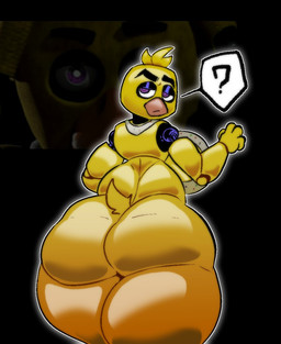 anthro beak bib big_breasts big_butt black_background breasts butt feathers female head_feathers head_tuft huge_butt looking_at_viewer looking_back looking_back_at_viewer machine purple_eyes question_mark rear_view simple_background solo speech_bubble thick_thighs tuft wide_hips yellow_body yellow_feathers stormkinght five_nights_at_freddy's scottgames chica_(fnaf) animatronic avian bird chicken galliform phasianid robot